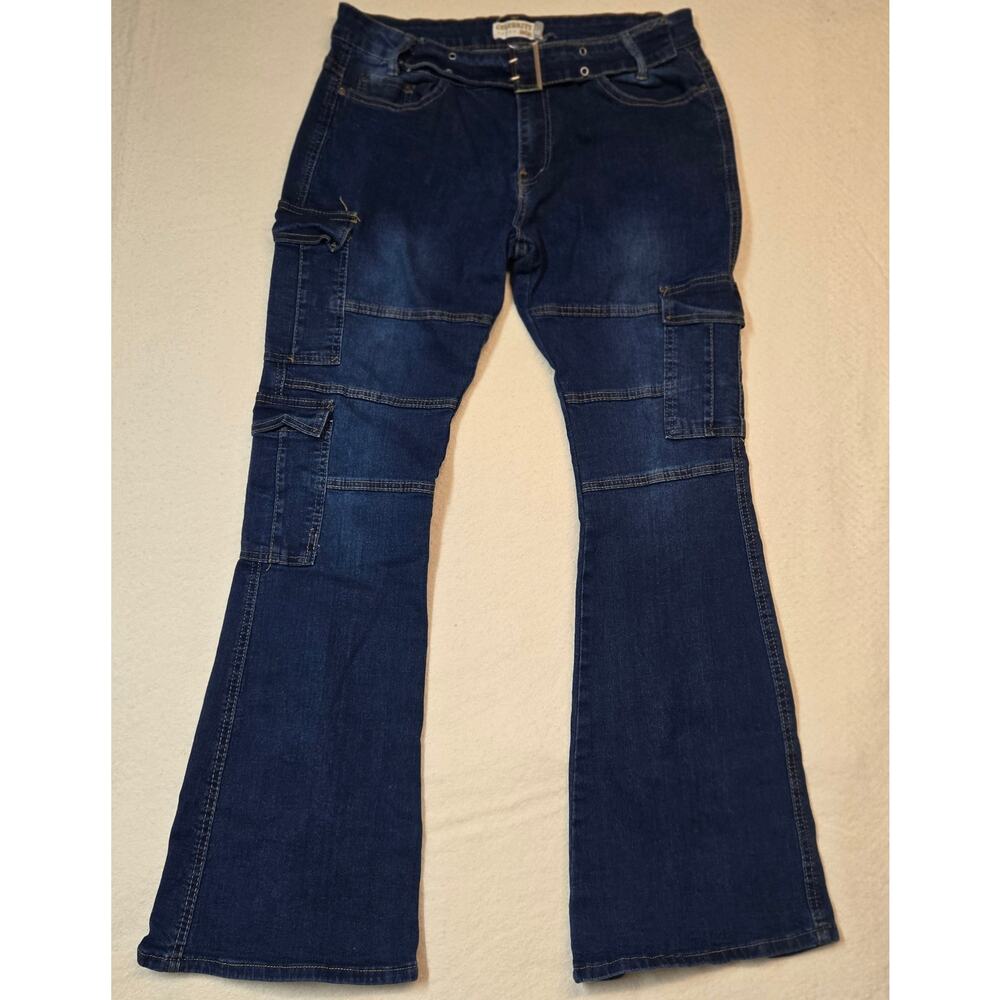 Celebrity Ace Womens Blue Flare Jeans Y2K Belted Cargo Streetwear Utility 15/32 - Picture 13 of 13